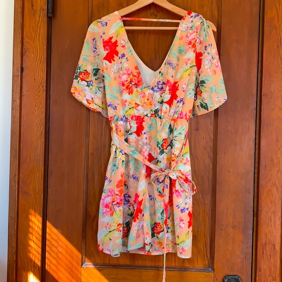 Peachy Floral Mini Dress with Cold Shoulders - Picture 2 of 3